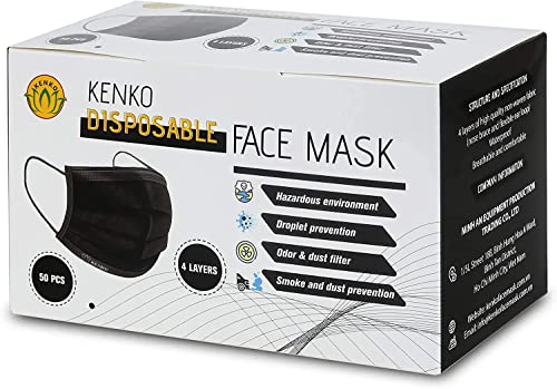 Kenko Disposable 4-Ply Face Masks, Breathable & Comfortable Filter Safety Mask, Protection Mask for Dust Air Pollution (50, Black)