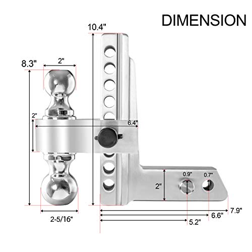 FULLWATT Dual Ball Mount Hitch Adjustable Drop/Rise, Aluminum Trailer Hitch for Vehicles, Fits 2" Receiver with Pin Lock (8 inch)