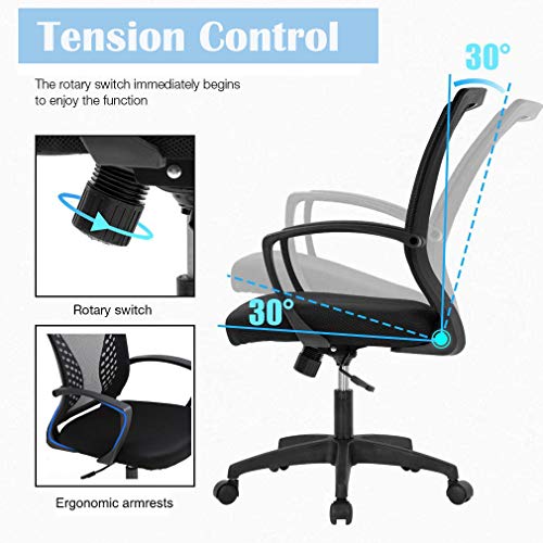 Home Office Chair Ergonomic Computer Desk Chair Mesh Task Chair with Lumbar Support Swivel Rolling Office Chairs Adjustable Mid Back Mesh Chair for Adults, Black