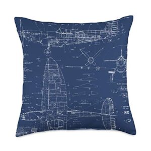 designed for flight spitfire ix wwii blueprint series fighter airplane throw pillow, 18x18, multicolor