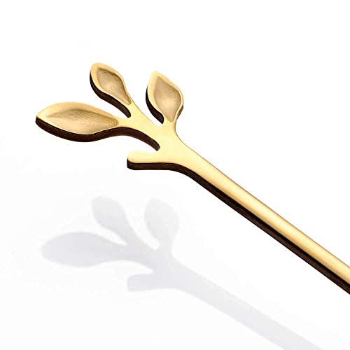 AnSaw Long Handle 7.4-Inch Leaf Teaspoons set, 6 Pcs Gold Stainless Steel Coffee stirring spoon