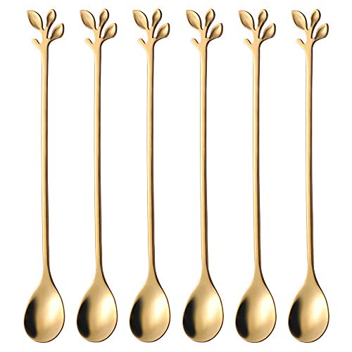 AnSaw Long Handle 7.4-Inch Leaf Teaspoons set, 6 Pcs Gold Stainless Steel Coffee stirring spoon