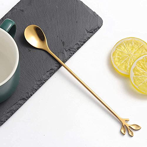 AnSaw Long Handle 7.4-Inch Leaf Teaspoons set, 6 Pcs Gold Stainless Steel Coffee stirring spoon