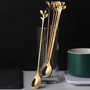 AnSaw Long Handle 7.4-Inch Leaf Teaspoons set, 6 Pcs Gold Stainless Steel Coffee stirring spoon