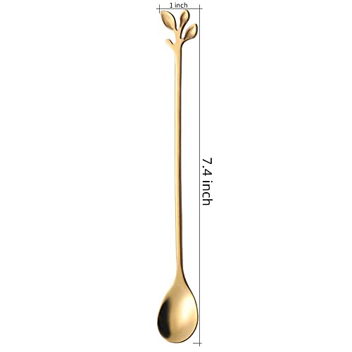 AnSaw Long Handle 7.4-Inch Leaf Teaspoons set, 6 Pcs Gold Stainless Steel Coffee stirring spoon