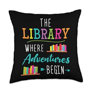 library librarian gifts the library where adventures begin librarian throw pillow, 18x18, multicolor