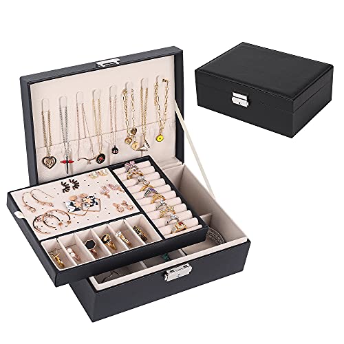 Jewelry Box for Women: Leather with Lock 2 Layer Portable Jewelry Organizer and Box Storage Case Necklaces Bracelets Rings Earring Holder Black