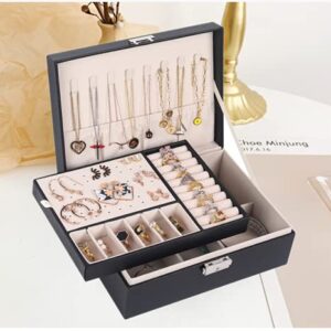 Jewelry Box for Women: Leather with Lock 2 Layer Portable Jewelry Organizer and Box Storage Case Necklaces Bracelets Rings Earring Holder Black