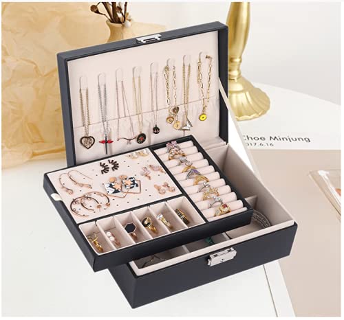 Jewelry Box for Women: Leather with Lock 2 Layer Portable Jewelry Organizer and Box Storage Case Necklaces Bracelets Rings Earring Holder Black