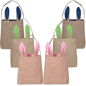 KEFAN 6 Pack Easter Bunny Bags Easter Bunny Baskets Jute Burlap Bunny Ear Tote Bags (Easter Bags 02)