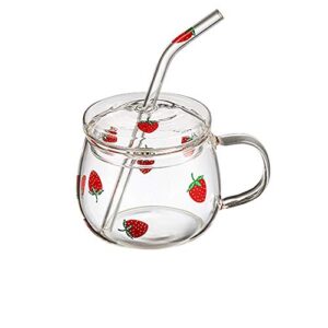 jhnif 10 oz lovely strawberry clear glass mug with lid and straw.