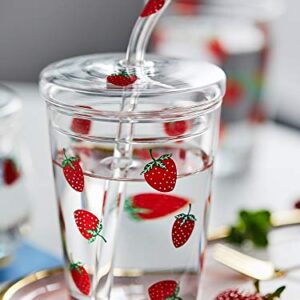 JHNIF 10 Oz Lovely Strawberry Clear Glass Mug with Lid and Straw.