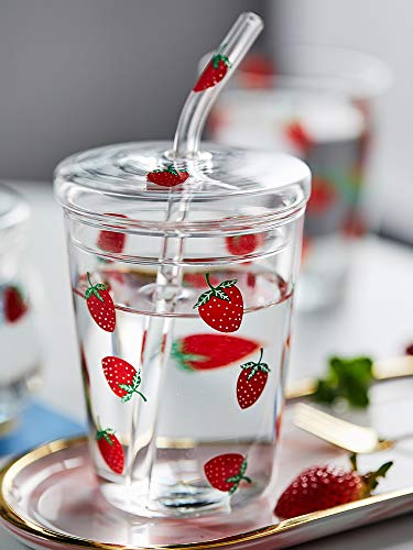 JHNIF 10 Oz Lovely Strawberry Clear Glass Mug with Lid and Straw.