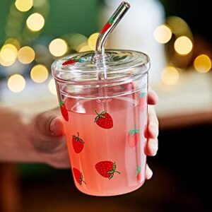 JHNIF 10 Oz Lovely Strawberry Clear Glass Mug with Lid and Straw.