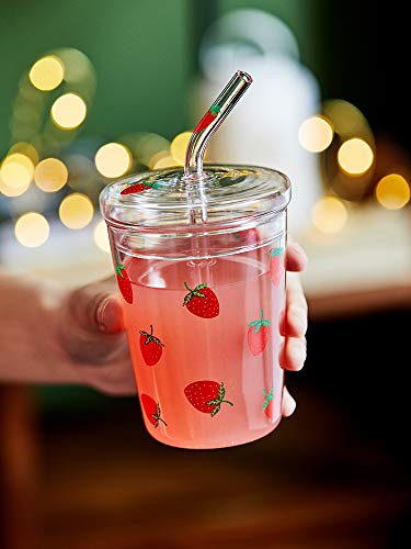 JHNIF 10 Oz Lovely Strawberry Clear Glass Mug with Lid and Straw.