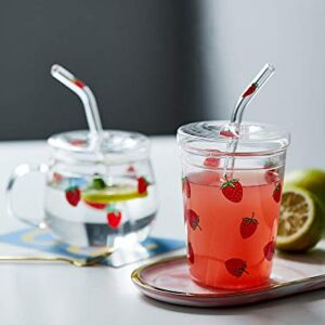 JHNIF 10 Oz Lovely Strawberry Clear Glass Mug with Lid and Straw.