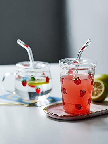 JHNIF 10 Oz Lovely Strawberry Clear Glass Mug with Lid and Straw.