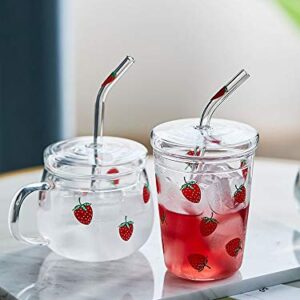 JHNIF 10 Oz Lovely Strawberry Clear Glass Mug with Lid and Straw.