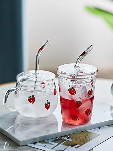 JHNIF 10 Oz Lovely Strawberry Clear Glass Mug with Lid and Straw.