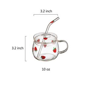 JHNIF 10 Oz Lovely Strawberry Clear Glass Mug with Lid and Straw.