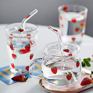 JHNIF 10 Oz Lovely Strawberry Clear Glass Mug with Lid and Straw.