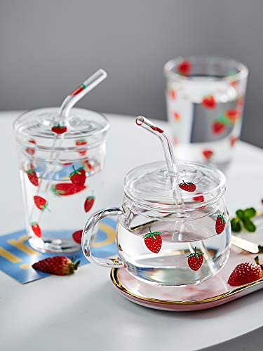 JHNIF 10 Oz Lovely Strawberry Clear Glass Mug with Lid and Straw.