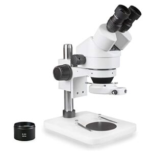 parco scientific pa-1ex-ifr09w binocular zoom stereo microscope | 10x widefield eyepiece | 0.7x—4.5x zoom range, 7x—45x magnification range, 0.5x aux lens | pillar stand | 144-led ring light
