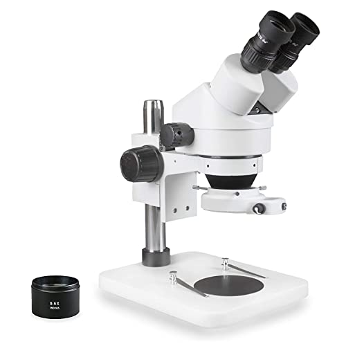 Parco Scientific PA-1EX-IFR09W Binocular Zoom Stereo Microscope | 10x Widefield Eyepiece | 0.7X—4.5X Zoom Range, 7X—45x Magnification Range, 0.5X Aux Lens | Pillar Stand | 144-LED Ring Light