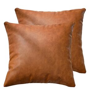 KKY Faux Leather Farmhouse Throw Pillow Cover 18x18 inch, Modern Country Style Decorative Throw Pillow Cover for Bedroom Living Room Sofa Brown Accent Pillows.(Full Leather 2PC, 18x18 inch)