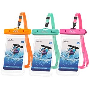 moko waterproof phone pouch 3-pack, underwater phone case dry bag with lanyard compatible with iphone 14 13 12 11 pro max x/xr/xs max/se 3, galaxy s21/s20, up to 7.5", orange+skyblue+magenta