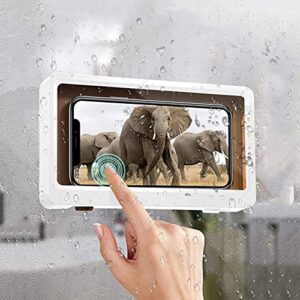 abhilwy shower phone holder waterproof wall mount, bathroom case mounted shelf stand suction cup, adhesive touchable phone cradle with glass mirror anti-fog screen for bathtub kitchen white