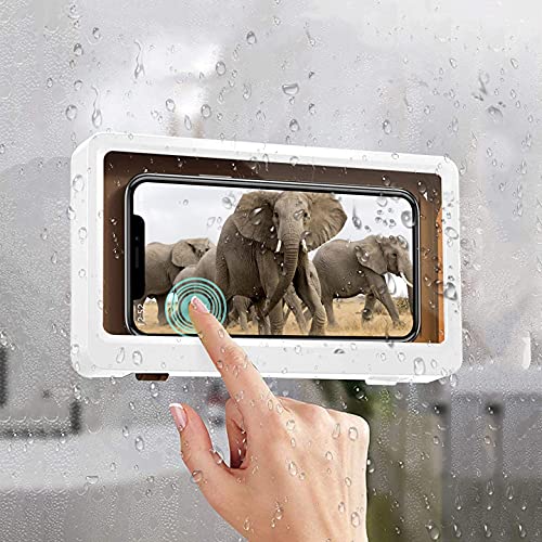 ABHILWY Shower Phone Holder Waterproof Wall Mount, Bathroom Case Mounted Shelf Stand Suction Cup, Adhesive Touchable Phone Cradle with Glass Mirror Anti-Fog Screen for Bathtub Kitchen White