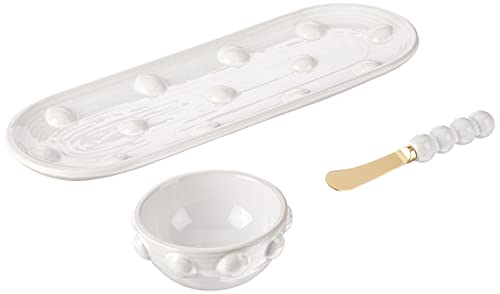 Mud Pie Dotted Dip and Tray Set, Size 5" x 14" 2" x 4 1/4" Dia | Spreader 6 1/2", White