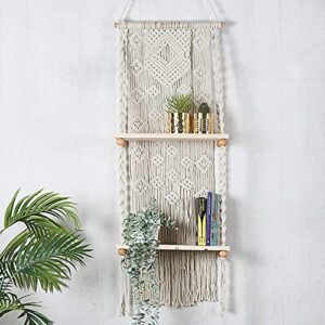 folkulture 2 tier macrame wall hanging shelf, floating shelves for indoor plants, photo frames or boho room decor, hanging shelves organizer hanger for rustic and farmhouse bedroom décor, 42 inches