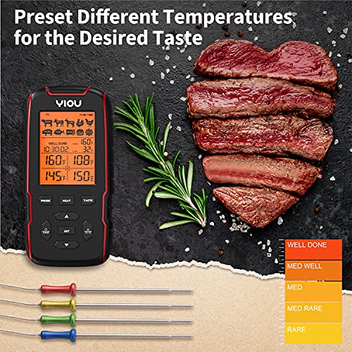 YIOU Wireless Meat Thermometer for Cooking, Digital Meat Thermometer with 4 Probes, 500FT Ultra Accurate & Fast Food Thermometer for Oven, Smoker, Red