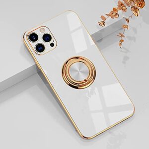 aowner compatible with iphone 12 pro max ring holder case shiny plating rose gold edge 360 degree rotation kickstand for women girls slim soft flexible tpu protective cover case, 6.7 inch