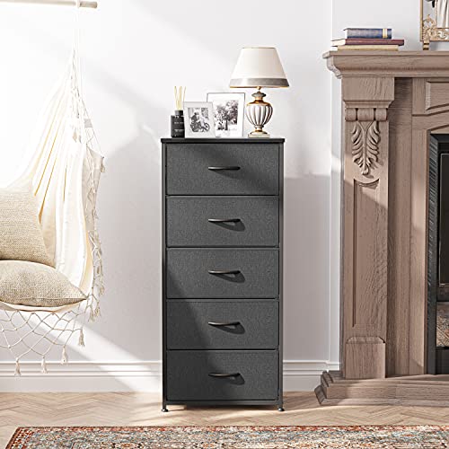 CubiCubi Dresser for Bedroom, Tall Kids Bedroom Fabric Dresser 5 Drawer Vertical Dresser Storage Tower Organizer Unit for Hallway Entryway Closets, Steel Frame Wood Top, Black Grey