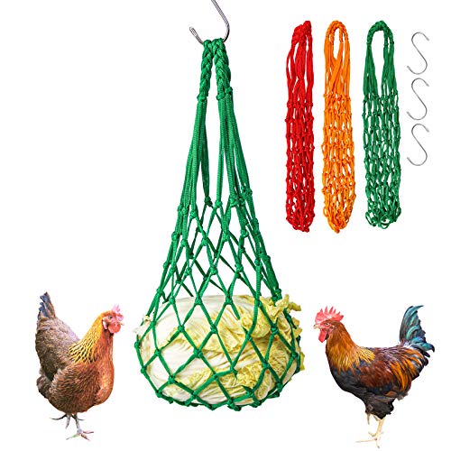 Roundler Chicken Veggies Skewer Fruit Holder Bag,Pet Chicken Vegetable Cabbage Snack Hanging Feeder Toy with Hook for Hens,Hen Toys for Chickens,Goose,Duck,Large Birds (Red+Green+Orange)