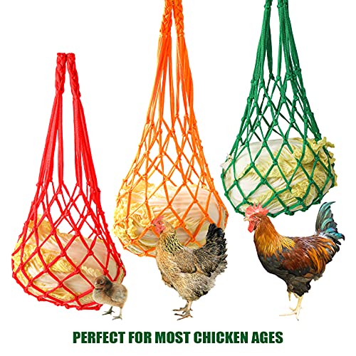 Roundler Chicken Veggies Skewer Fruit Holder Bag,Pet Chicken Vegetable Cabbage Snack Hanging Feeder Toy with Hook for Hens,Hen Toys for Chickens,Goose,Duck,Large Birds (Red+Green+Orange)