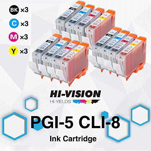 (12-Pack, 3CLBK, 3C, 3M, 3Y) HI-Vision Compatible PGI5 CLI8 Ink Cartridge PGI-5 CLI-8 for PIXMA iP6700D iP4200 iP4500 iX4000 iX5000 iP5200 MP500 MP530 MP810 MP830 MP950 MP960 MX850, (NO PGI-5 BK)