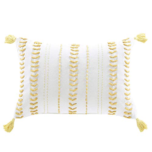 Brielle Home Milo Textured Cotton Boudoir/Lumbar Throw Pillow with Tassels, 14 inches by 20 inches, Mustard/White