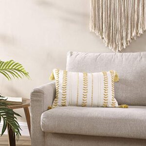 Brielle Home Milo Textured Cotton Boudoir/Lumbar Throw Pillow with Tassels, 14 inches by 20 inches, Mustard/White