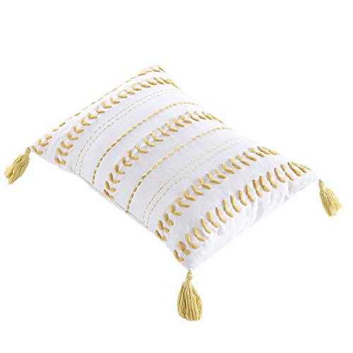 Brielle Home Milo Textured Cotton Boudoir/Lumbar Throw Pillow with Tassels, 14 inches by 20 inches, Mustard/White