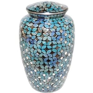 mosaic glass cremation urn - hand made funeral urn for human ashes - large adult size burial urn - aluminum with hand applies individual tiles create a one of a kind work of art - 200 cu in (blue)
