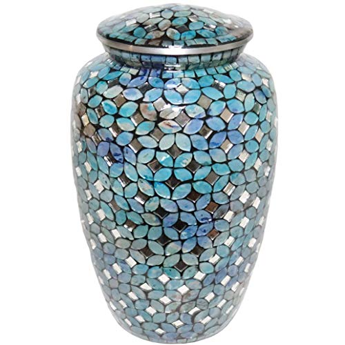 Mosaic Glass Cremation Urn - Hand Made Funeral Urn for Human Ashes - Large Adult Size Burial Urn - Aluminum with Hand applies Individual Tiles Create a one of a Kind Work of Art - 200 cu in (Blue)