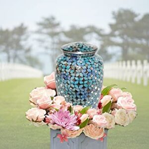 Mosaic Glass Cremation Urn - Hand Made Funeral Urn for Human Ashes - Large Adult Size Burial Urn - Aluminum with Hand applies Individual Tiles Create a one of a Kind Work of Art - 200 cu in (Blue)