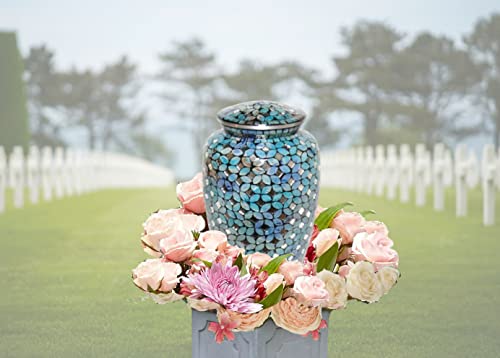 Mosaic Glass Cremation Urn - Hand Made Funeral Urn for Human Ashes - Large Adult Size Burial Urn - Aluminum with Hand applies Individual Tiles Create a one of a Kind Work of Art - 200 cu in (Blue)