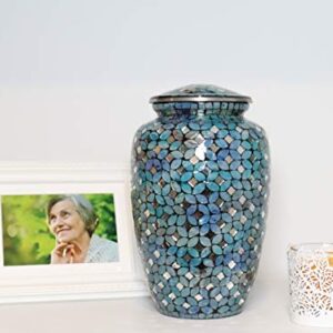 Mosaic Glass Cremation Urn - Hand Made Funeral Urn for Human Ashes - Large Adult Size Burial Urn - Aluminum with Hand applies Individual Tiles Create a one of a Kind Work of Art - 200 cu in (Blue)