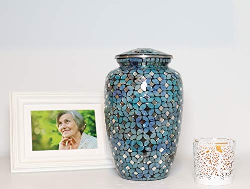 Mosaic Glass Cremation Urn - Hand Made Funeral Urn for Human Ashes - Large Adult Size Burial Urn - Aluminum with Hand applies Individual Tiles Create a one of a Kind Work of Art - 200 cu in (Blue)