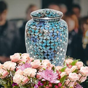 Mosaic Glass Cremation Urn - Hand Made Funeral Urn for Human Ashes - Large Adult Size Burial Urn - Aluminum with Hand applies Individual Tiles Create a one of a Kind Work of Art - 200 cu in (Blue)